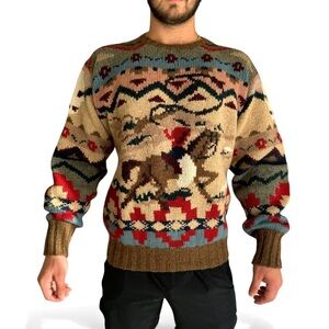 🆕 Vintage Polo Ralph Lauren Wool Hand Knit Equestrian Horse Sweater Mens